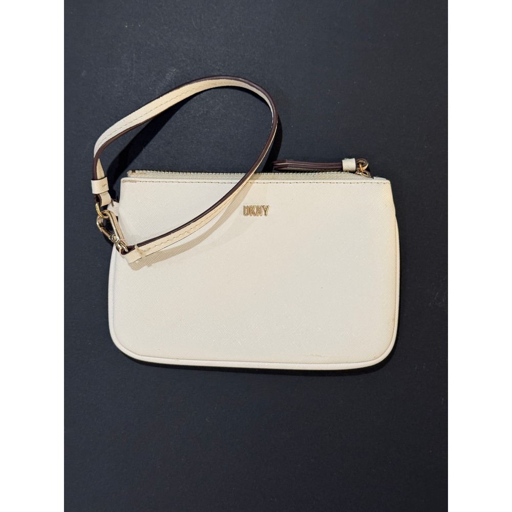 DKNY‎ Cream Wristlet Clutch Zip Pouch Removable Strap